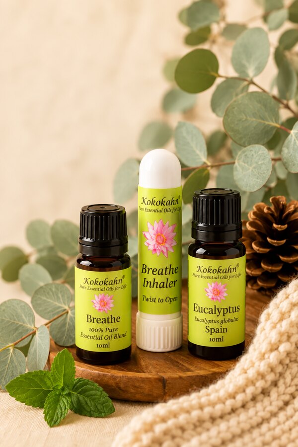 Kokokahn Breathe essential oil blend, inhaler and eucalyptus essential oil