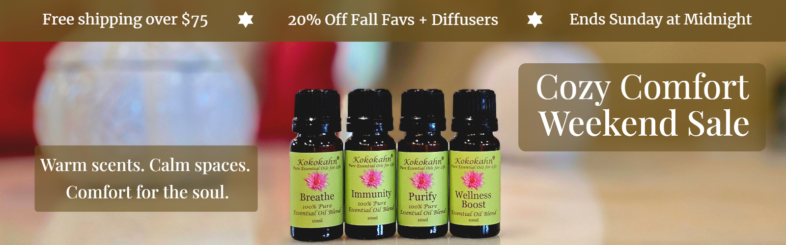 Cozy Comfort Weekend Sale – 20% off fall essential oils and diffusers by Kokokahn