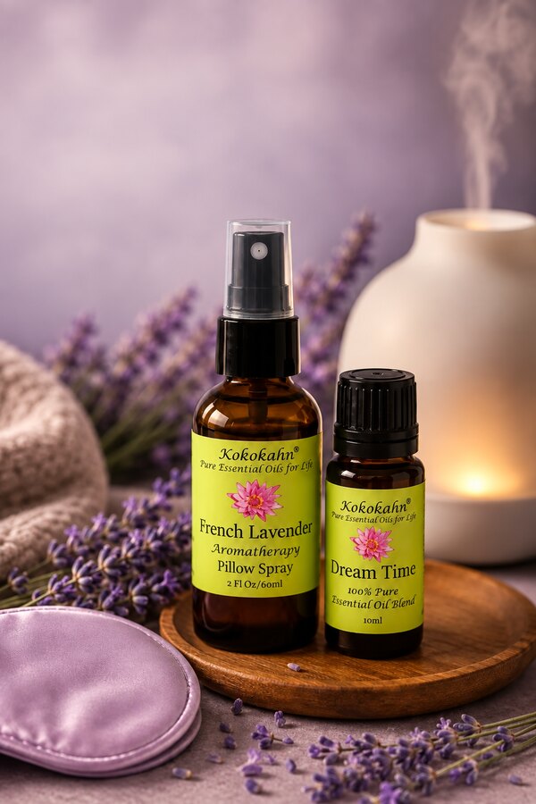 Kokokahn lavender pillow spray and bedtime essential oil blend beside a sleep mask