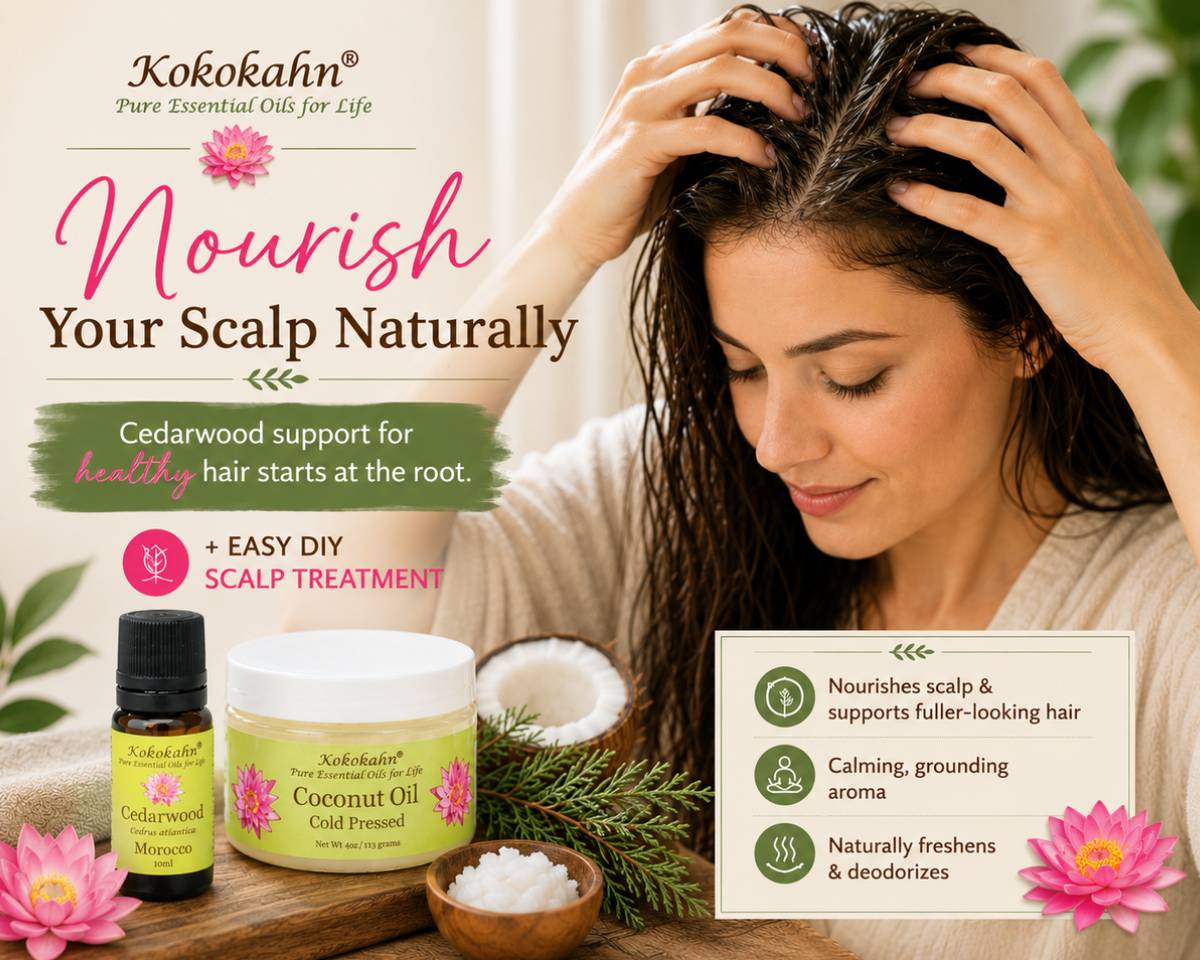 Woman applying a coconut oil treatment with rosemary, cedarwood and ylang ylang essential oils to support thinning hair