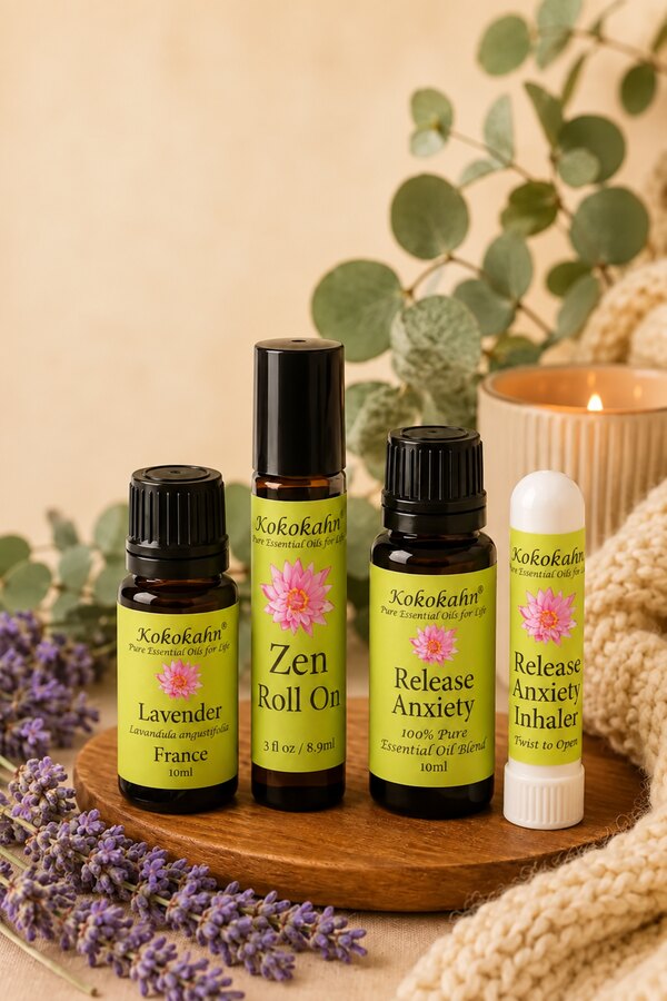 Kokokahn calming essential oils and roll-ons with lavender and a candle