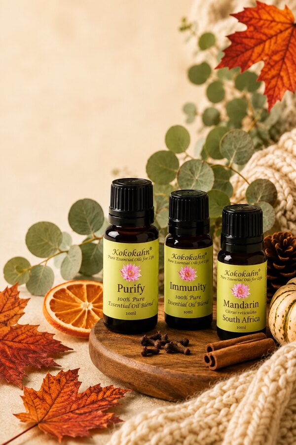 Kokokahn fall wellness essential oils with eucalyptus, citrus, cinnamon and autumn leaves